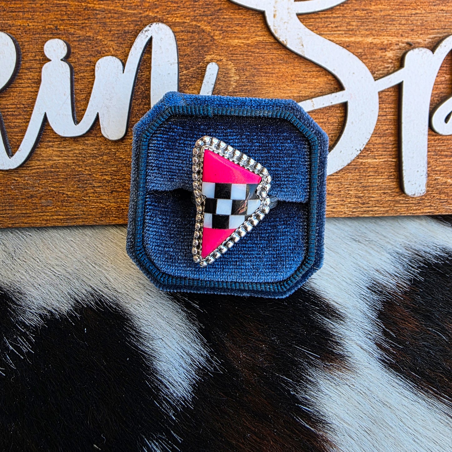 The Hot Pink Checkerboard Lightning Bolt Adjustable Ring