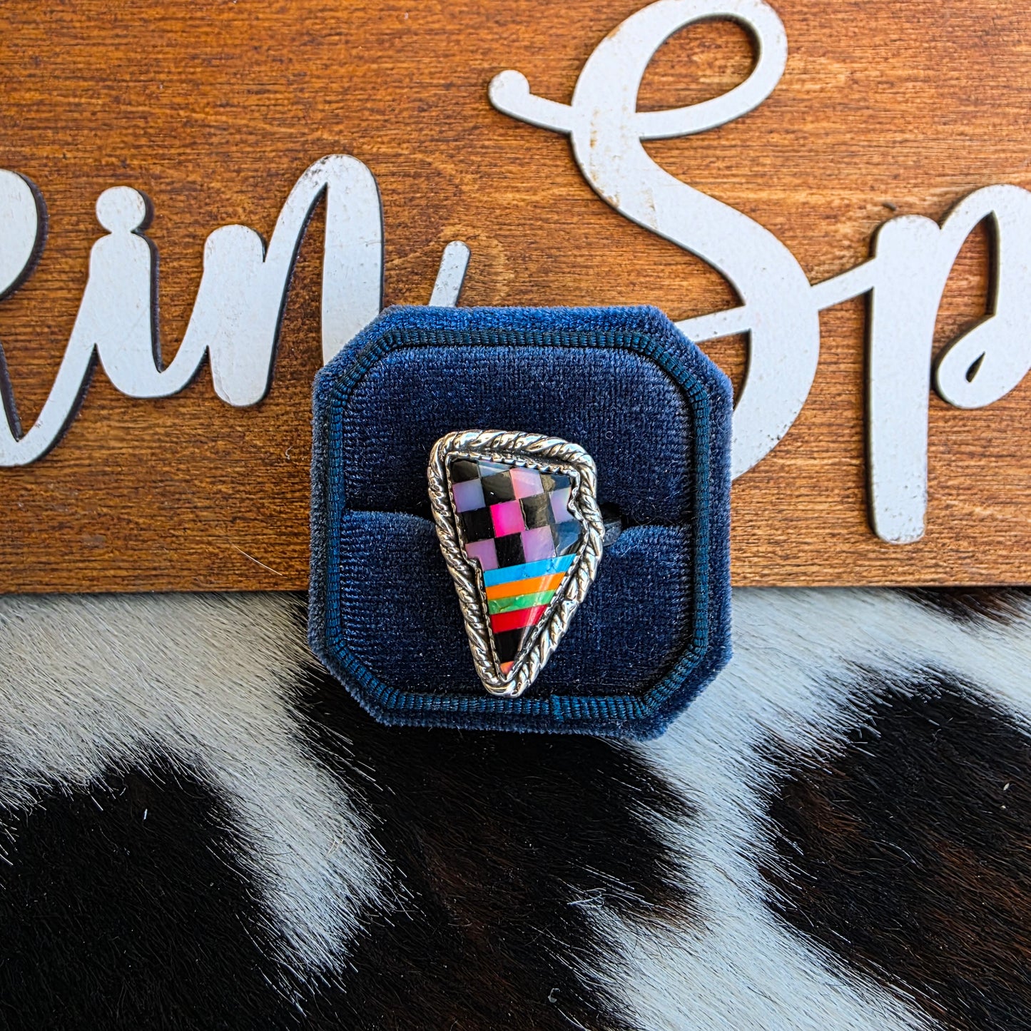 The Multicolor Checkerboard Lightning Bolt Adjustable Ring