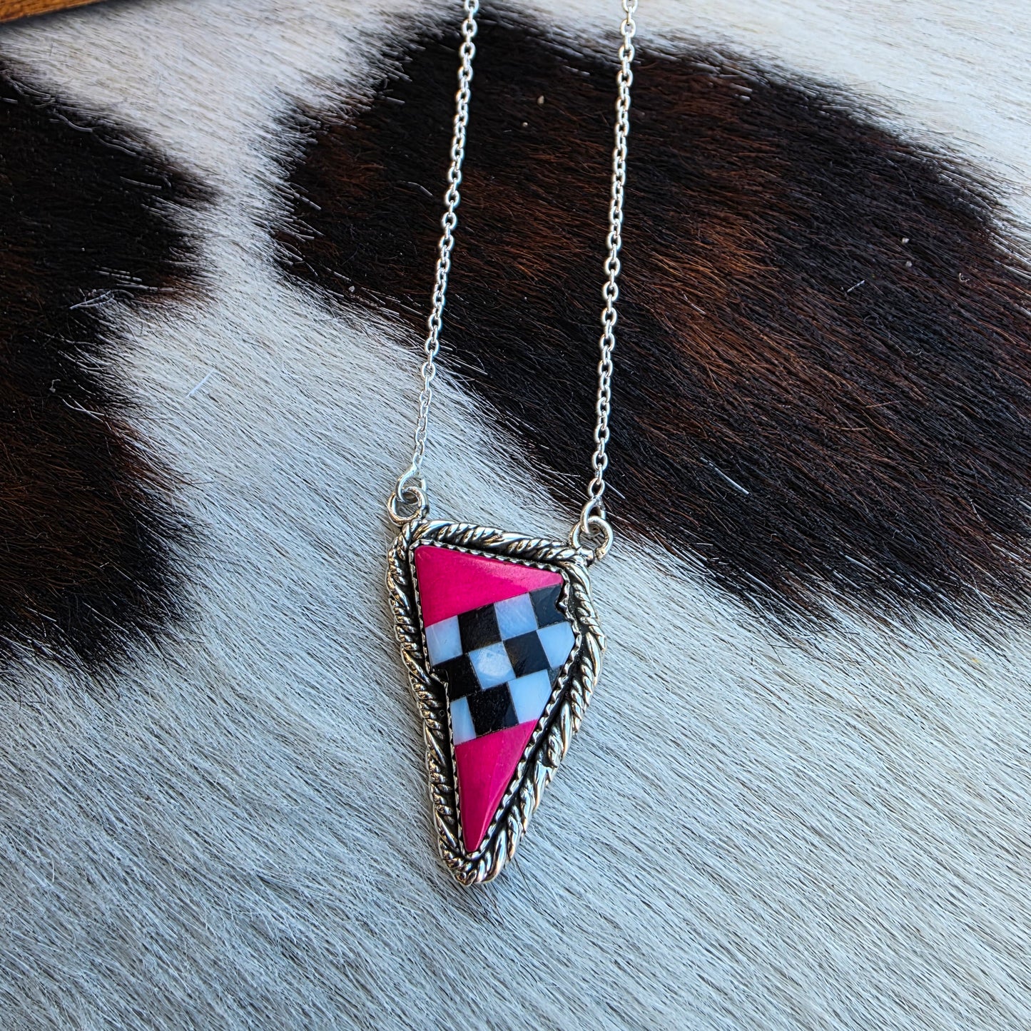 The Hot Pink Checkerboard Lightning Bolt Necklace