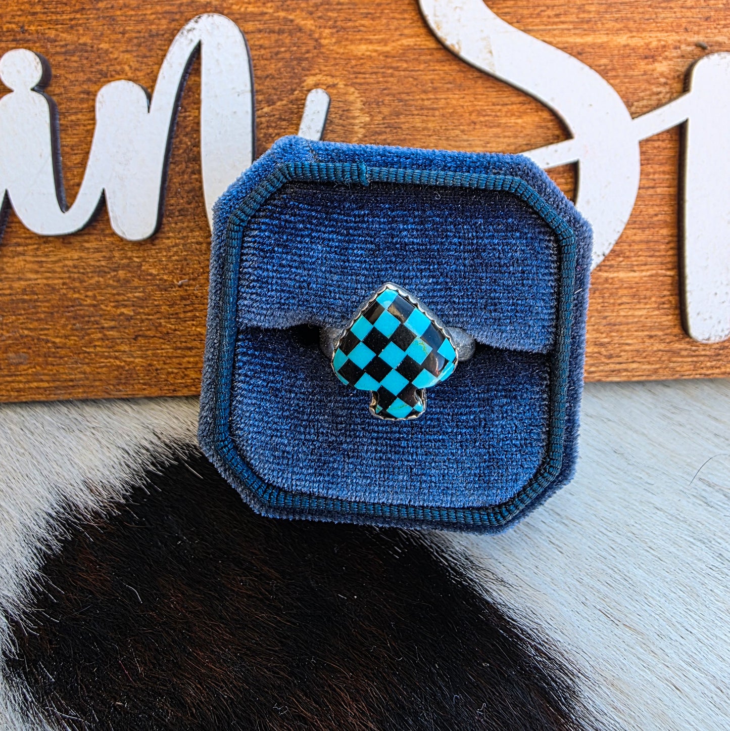 Spade Checkerboard Adjustable Ring - Blue