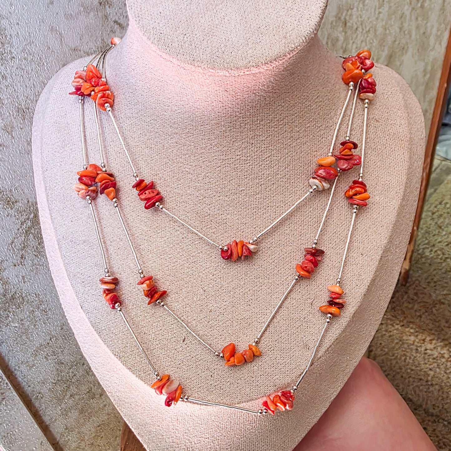 Liquid Silver Orange Spiny Oyster Necklace