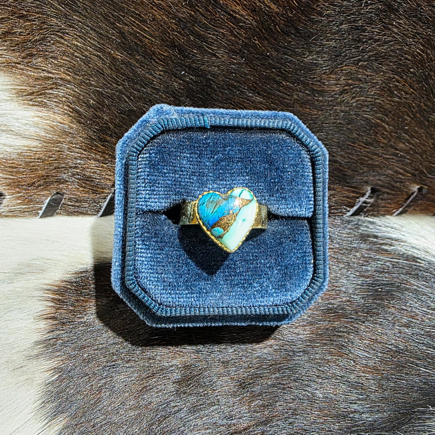 The Gold with Ice Blue Dahlia Heart Adjustable Ring
