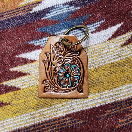 Tooled Turquoise Flower Tag Leather Keychain