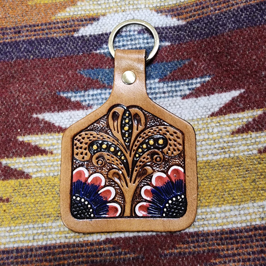 Tooled Blossom Ear Tag Leather Keychain