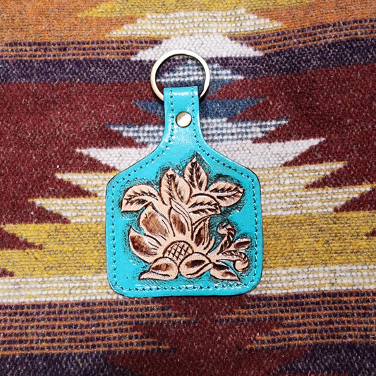 Tooled Turquoise Ear Tag Leather Keychain