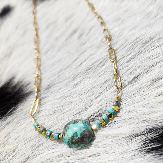 Genuine Turquoise Beaded Gold Necklace