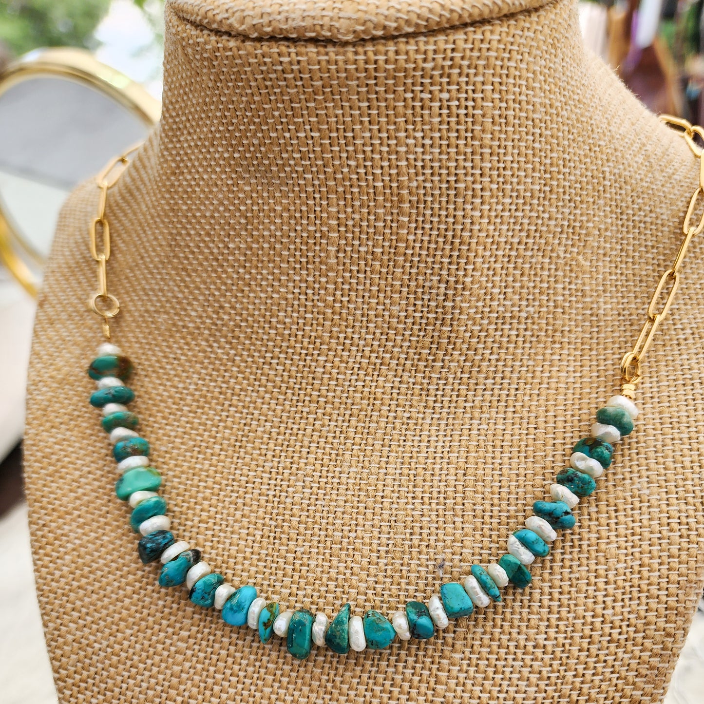 Genuine Turquoise & Fresh Water Pearl Gold Necklace