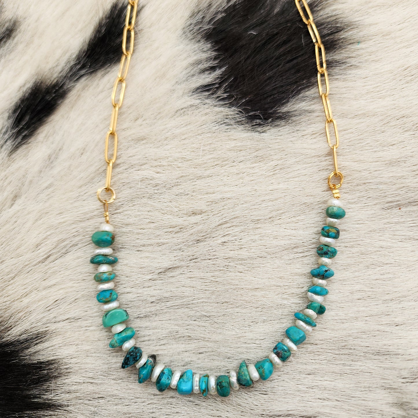 Genuine Turquoise & Fresh Water Pearl Gold Necklace