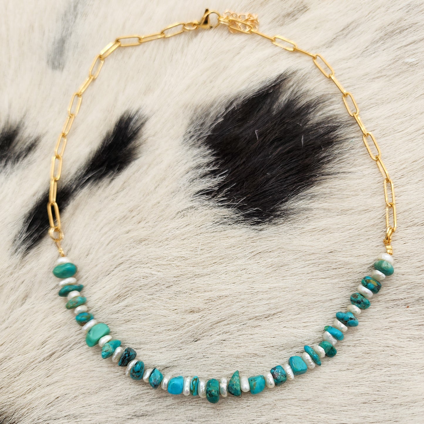 Genuine Turquoise & Fresh Water Pearl Gold Necklace