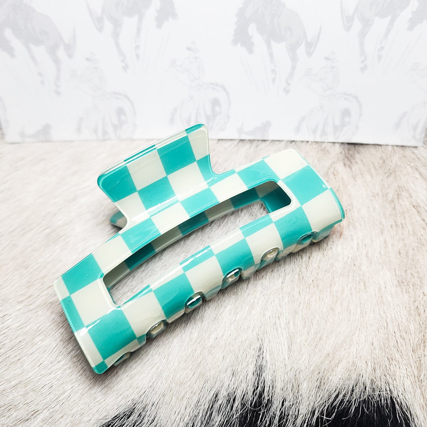 Turquoise Checkered Hair Claw Clip