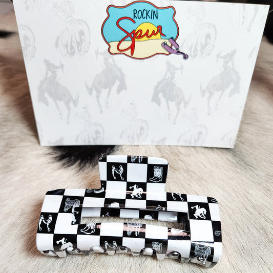 Western Yeehaw Checkered Board Hair Claw Clip