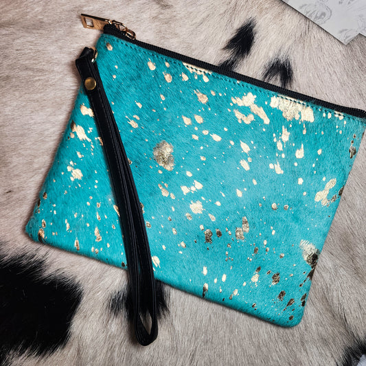 Turquoise Cowhide Wristlet