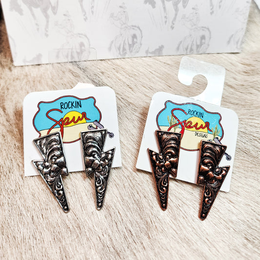 The Large Tooled Lightning Bolt Stud Earrings