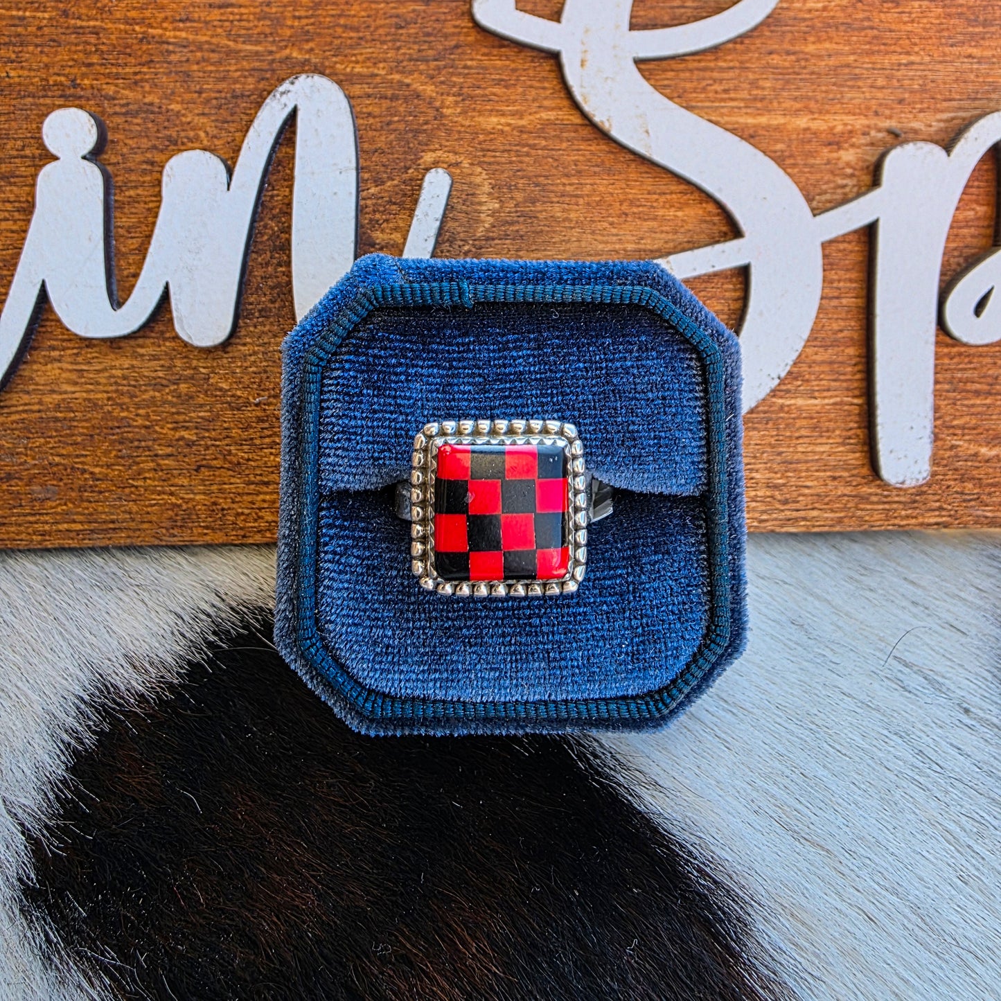 Square Checkerboard Adjustable Ring - Red