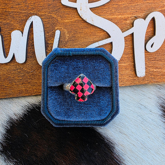 Spade Checkerboard Adjustable Ring - Redish Pink