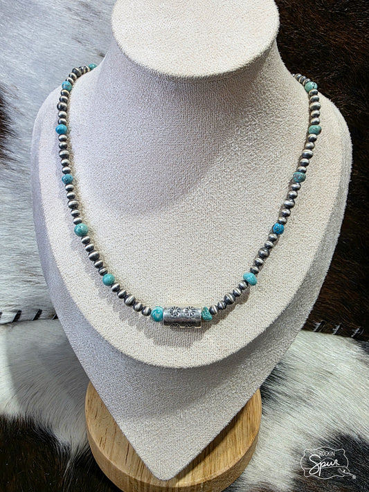 The Turquoise & Barrel Bead Pearl Necklace