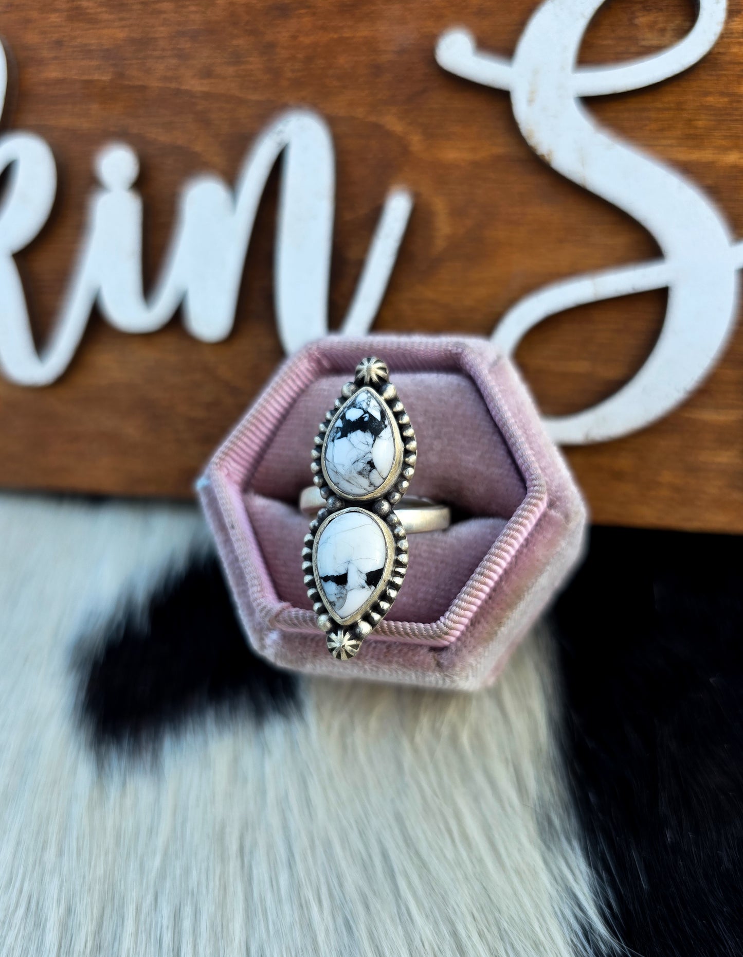 The Nevada White Buffalo Double Stone Adjustable Ring